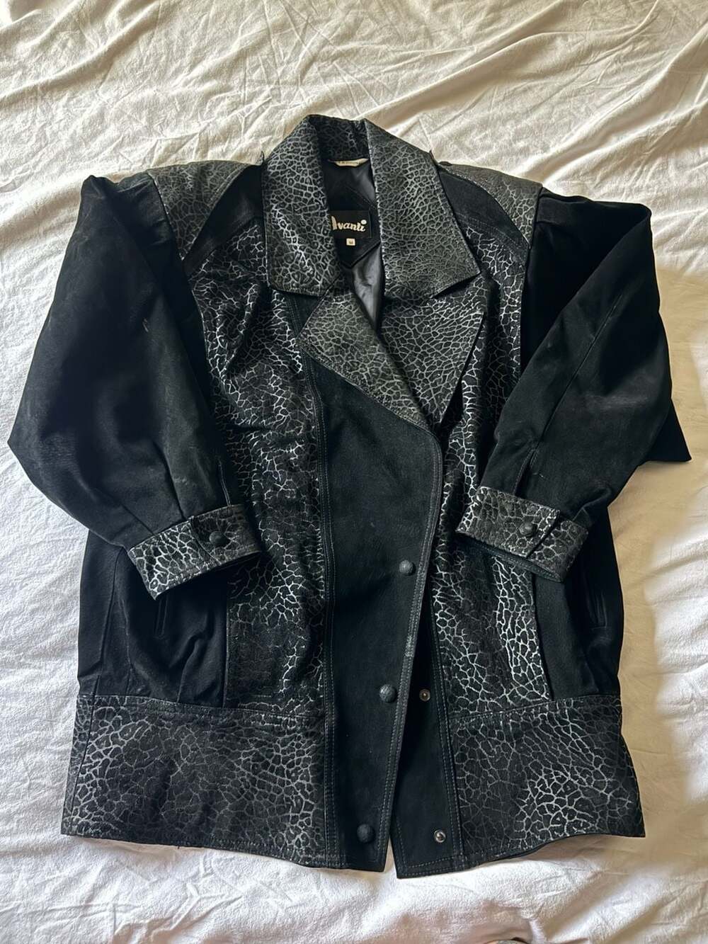 Avanti Vintage 80s Black Suede Leather Animal Print Trim Jacket Coat Medium